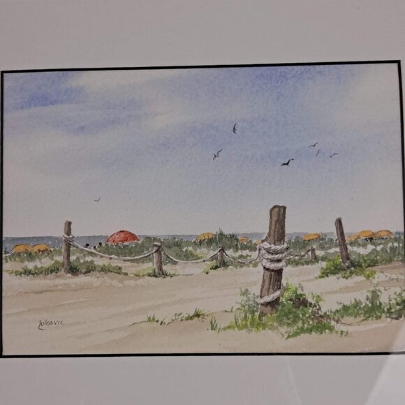 Watercolor Print Beach Scene Silver Frame w/Glass Artist Signed Lukovic - Picture 2 of 7